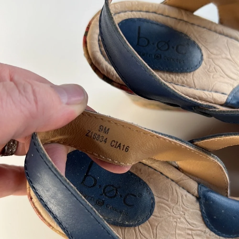 Born BOC Blue Leather Braided Strap Cork Floral Wedge Sandals Size 9